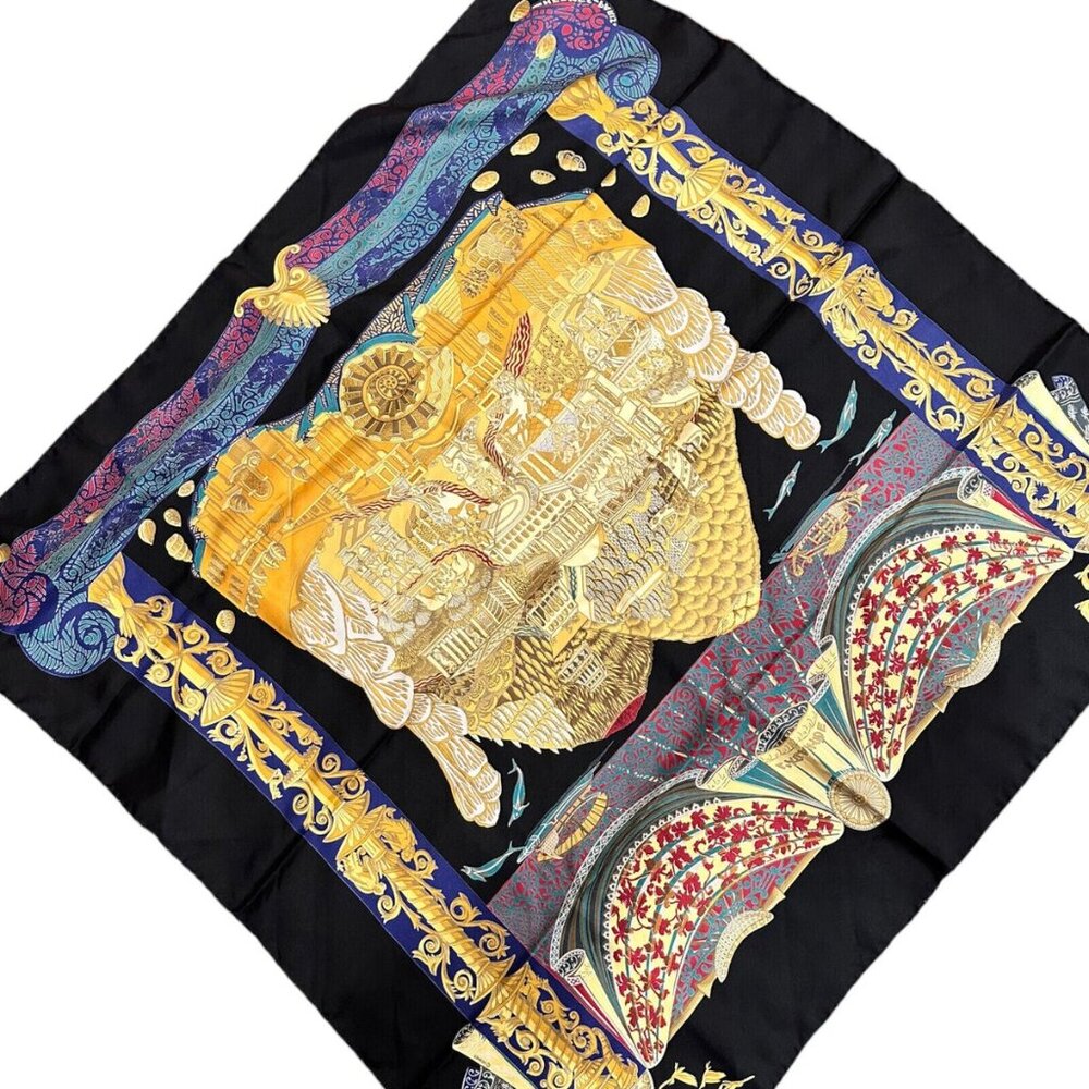 Hermes Carre L'Atlantide Atlantis Vintage 90cm Black Multicolor Silk Scarf - Picture 3 of 7